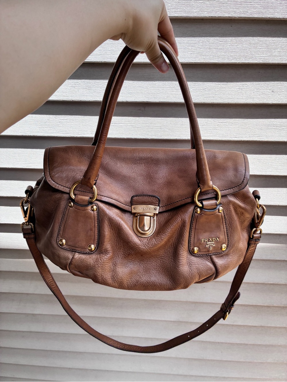 Prada Brown Leather Shoulder Bag with Gold Hardware